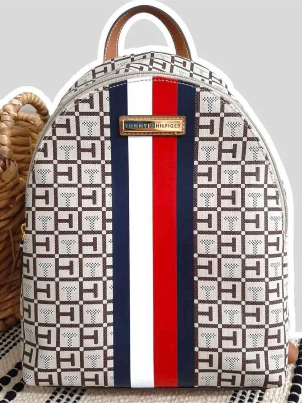 Tommy Hilfiger Brown Monogram Backpack with Red, White & Blue Center Stripe